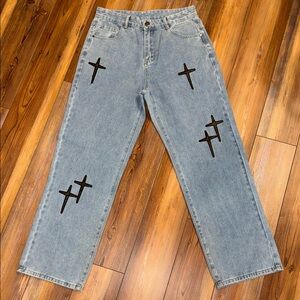 Stylish Blue Jeans with Black Crosses